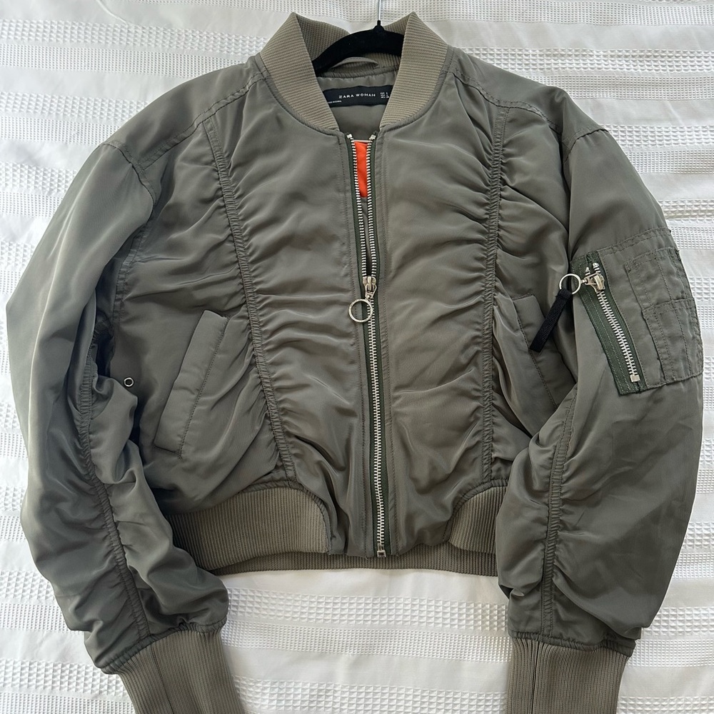 Zara Olive Green Bomber Jacket with Zipper Details